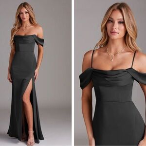 Azazie Saige Black Stretch Satin Strapless Evening Dress